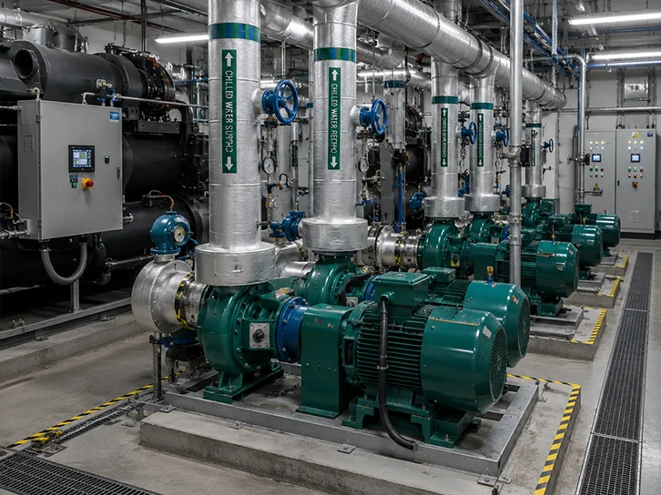 Chiller plant room with pumps and pipework