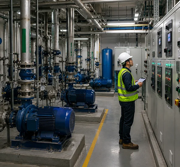 Engineer inspecting pumps and VSD panels in a plant room