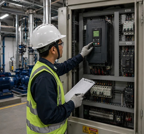 Support engineer diagnosing drive equipment