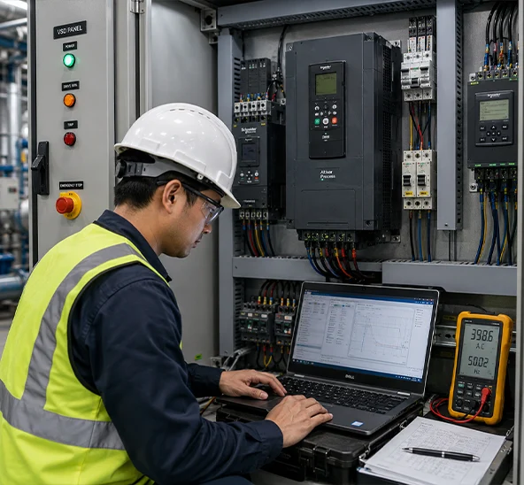 Engineer configuring drive parameters during commissioning